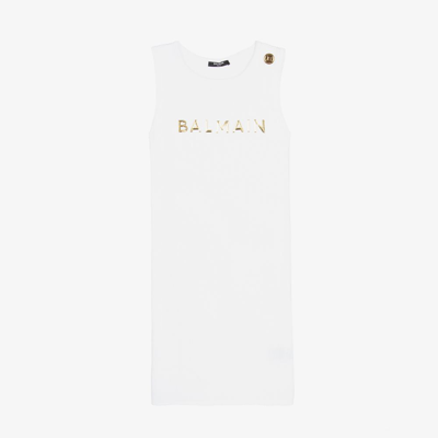 Shop Balmain Girls White & Gold Logo Dress