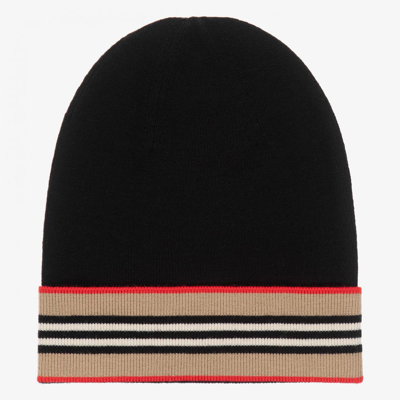 Shop Burberry Boys Black Icon Stripe Wool Hat