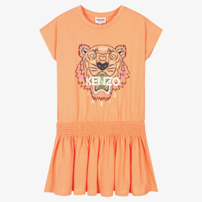 Shop Kenzo Kids Girls Teen Pink Printed Tiger Slub Dress In Orange