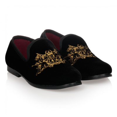 Shop Romano Boys Black Velvet Gold Crest Shoes