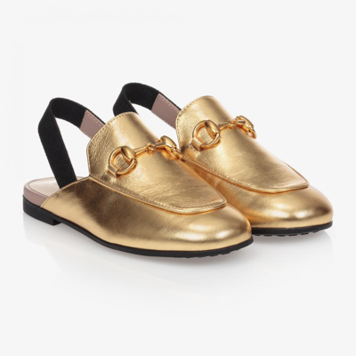 Shop Gucci Gold Princetown Leather Mules