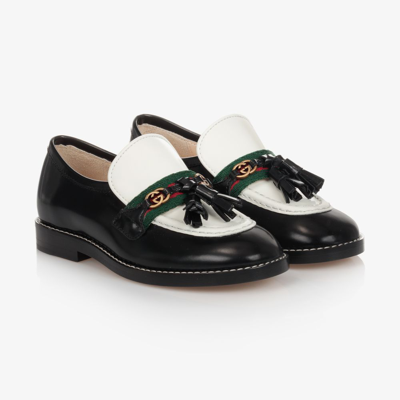 Shop Gucci Black & White Web Loafers