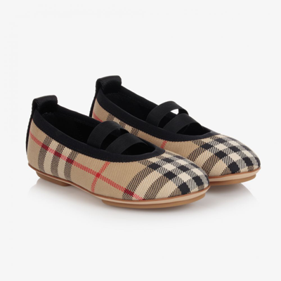 Shop Burberry Girls Beige Check Slip-on Shoes
