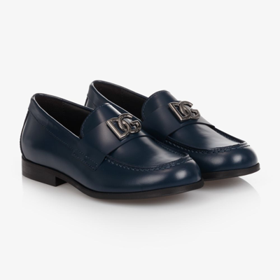 Shop Dolce & Gabbana Boys Navy Blue Leather Loafers