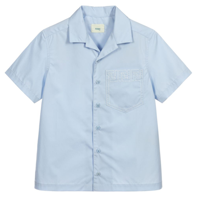 Shop Fendi Boys Teen Blue Logo Cotton Shirt