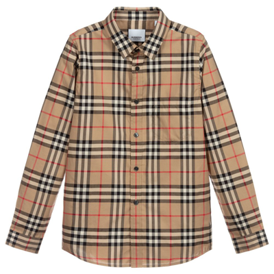 Shop Burberry Boys Teen Beige Check Cotton Shirt