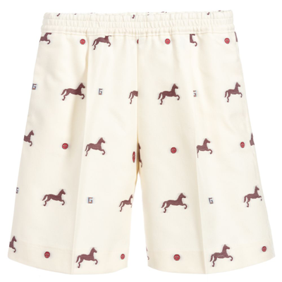 Shop Gucci Boys Ivory Horse Logo Cotton Shorts