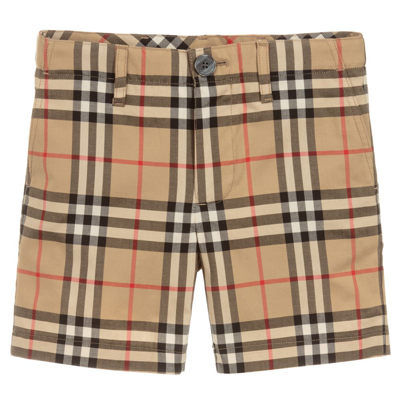 Shop Burberry Boys Beige Cotton Checked Shorts