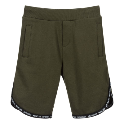 Shop Moncler Boys Khaki Green Logo Shorts
