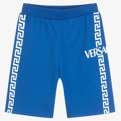 Shop Versace Boys Teen Blue Cotton Greca Shorts