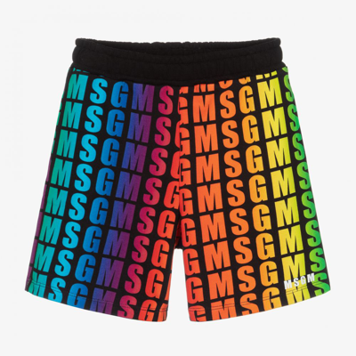 Shop Msgm Teen Boys Rainbow Logo Shorts In Black