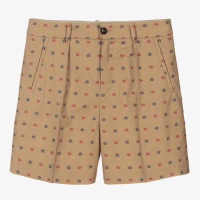 Shop Gucci Boys Teen Beige Wool Logo Shorts