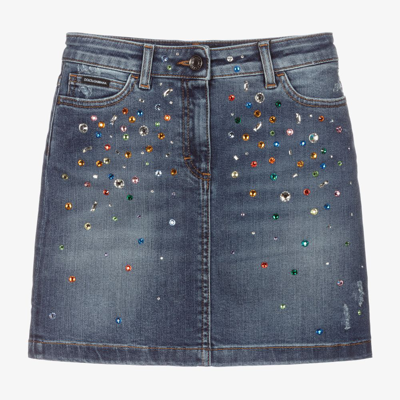 Shop Dolce & Gabbana Girls Teen Blue Denim Crystal Skirt