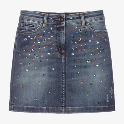 Dolce & Gabbana Girls Teen Blue Denim Crystal Skirt In Blue