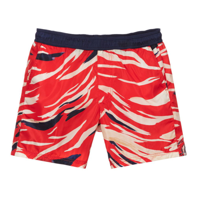 Shop Moncler Boys Red & Beige Swim Shorts
