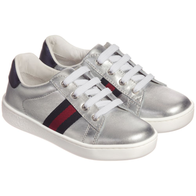Shop Gucci Silver Leather Web Trainers