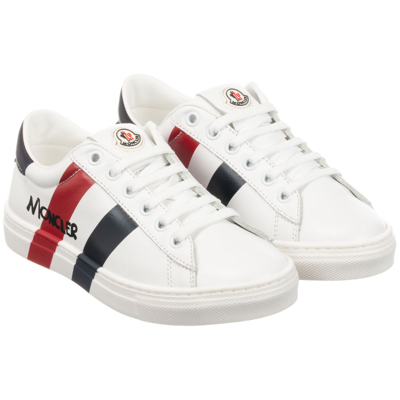 Shop Moncler Boys White Leather Trainers