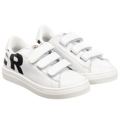 Shop Moncler Boys White Leather Logo Trainers