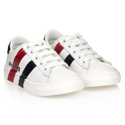 Shop Moncler Boys White Leather Logo Trainers