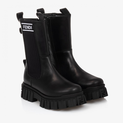 Shop Fendi Girls Black Logo Leather Boots