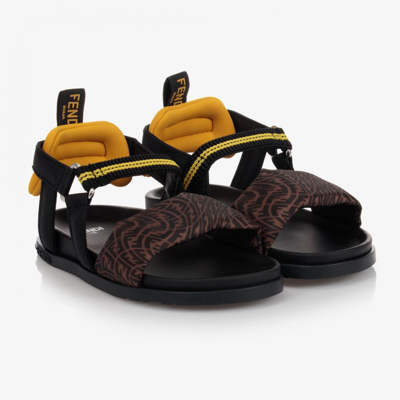 Shop Fendi Girls Black & Beige Ff Logo Sandals