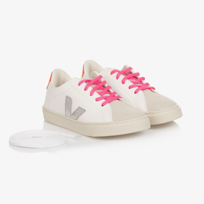 Shop Veja Girls White Leather Logo Trainers