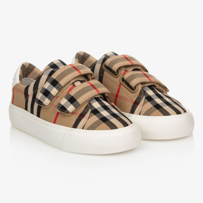 Shop Burberry Beige & White Checked Trainers
