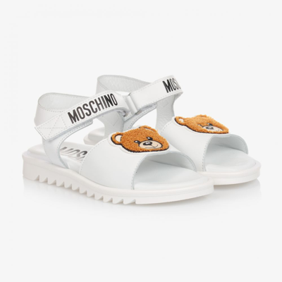 Shop Moschino Kid-teen Teen White Leather Sandals