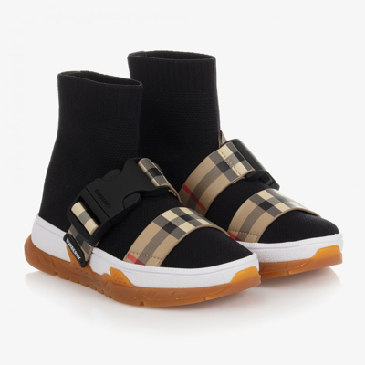 Shop Burberry Teen Black Checked Sock Shoes
