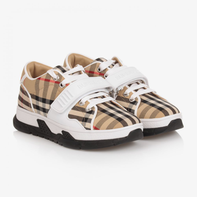 Shop Burberry Teen Beige Check Trainers