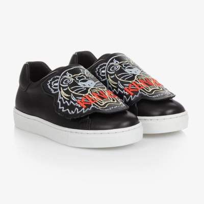 Shop Kenzo Kids Black Leather Tiger Trainers