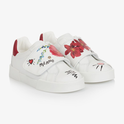 Shop Dolce & Gabbana Girls White Leather Floral Trainers