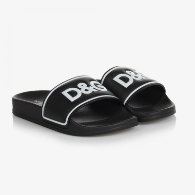 Shop Dolce & Gabbana Boys Black Leather Logo Sliders