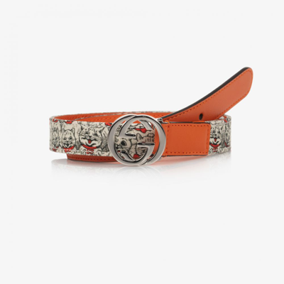 Shop Gucci Girls Cat Print G Logo Belt In Orange