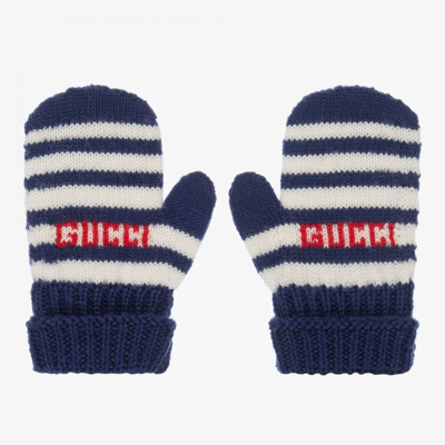 Shop Gucci Blue & Ivory Striped Wool Baby Mittens