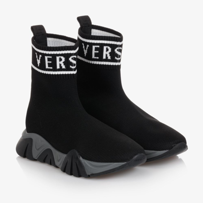 Versace Kids' Logo Print Knit Sock Slip-on Sneakers In Black 