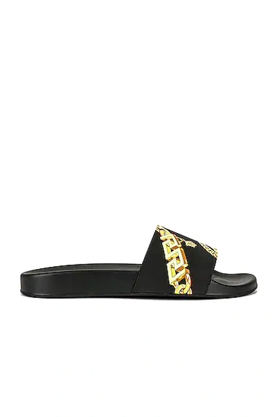 Shop Versace Chain Slides In Nero & Oro