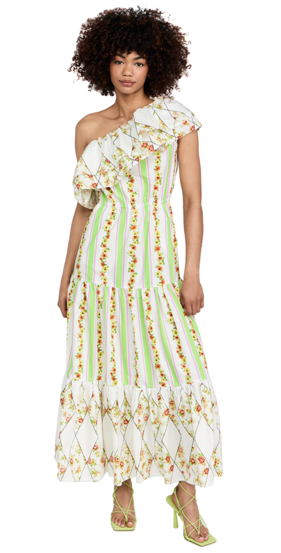 Shop Msgm Floral Stripe Dress In White/green