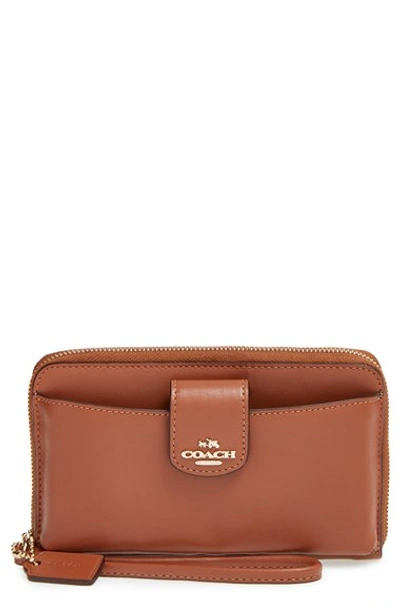Coach Universal Pocket Phone Wallet In Smooth Leather Boxed Set In Saddle