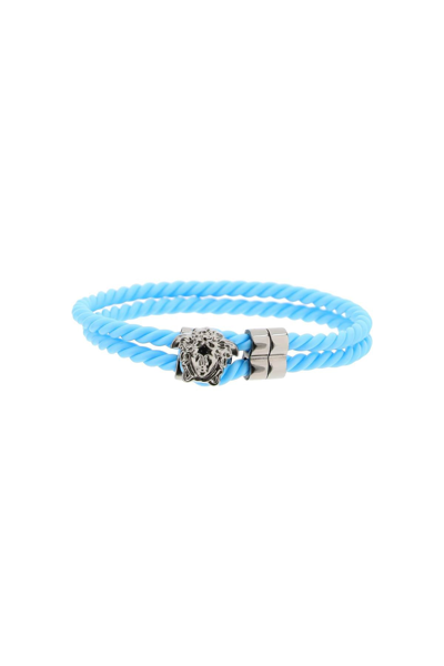 Shop Versace Logo Engraved Braided Bracelet In Blue