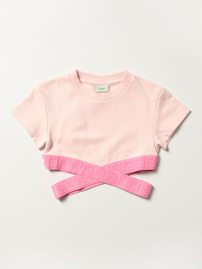 Shop Fendi Cropped Cotton Top With Logoed Ribbons In Pink