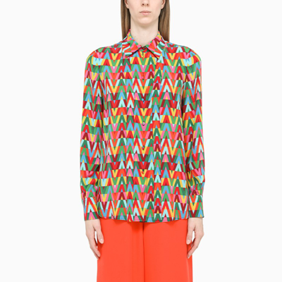 Shop Valentino Multicolour V-pattern Silk Shirt In Multicolor