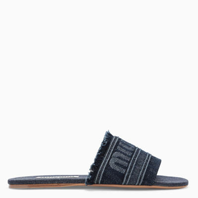 Miu Miu Frayed Denim Logo Flat Sandals In Blue