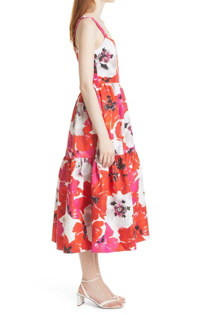 Shop Tanya Taylor Gia Floral Print Cotton & Silk Midi Dress In Large Scale Poppy Red/pink