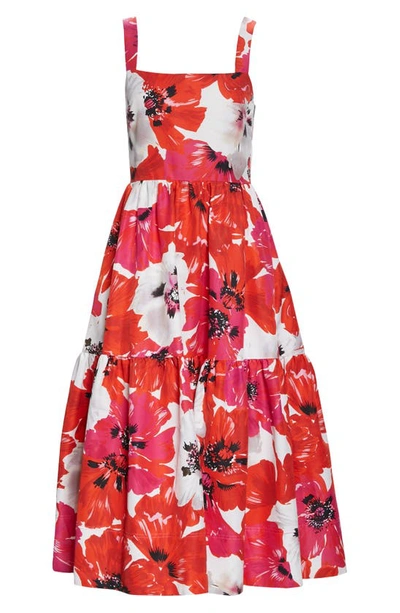 Shop Tanya Taylor Gia Floral Print Cotton & Silk Midi Dress In Large Scale Poppy Red/pink