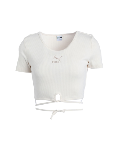 Shop Puma Classics Ribbed Tee Woman T-shirt Ivory Size L Cotton, Polyester, Elastane In White