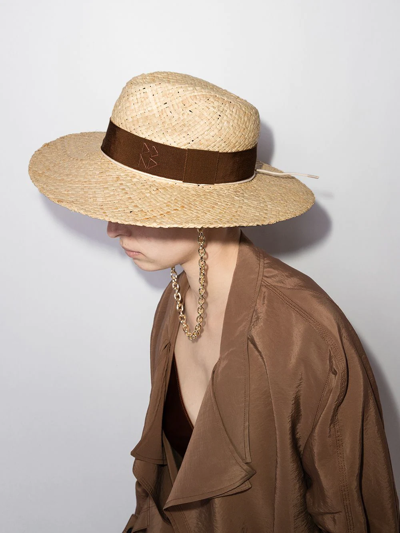 Shop Ruslan Baginskiy Chain-embellished Fedora Straw Hat In Neutrals