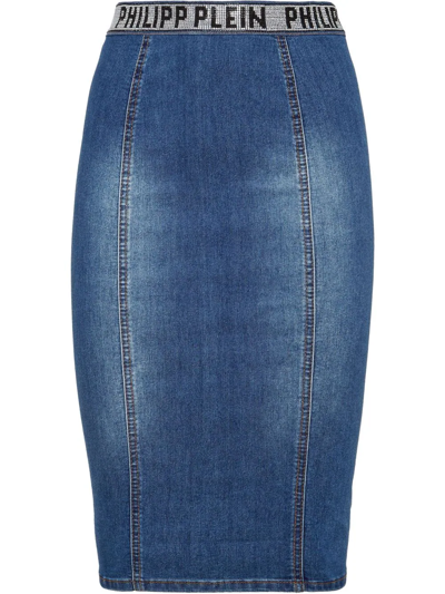 Shop Philipp Plein Logo-waist Denim Pencil Skirt In Blue