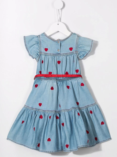Shop Monnalisa Heart Print Denim Dress In Blue