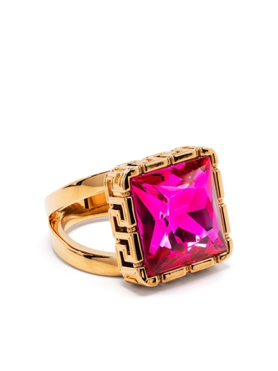 Versace Gold plated Crystal Greca Ring In Pink ModeSens